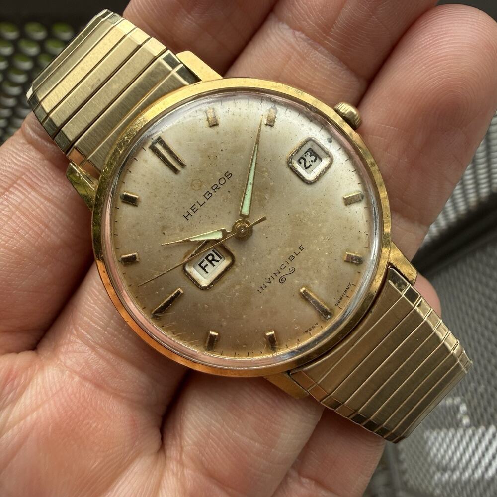 Vintage Helbros Invincible Men’s Watch Gold Plated Day Date Manual Wind